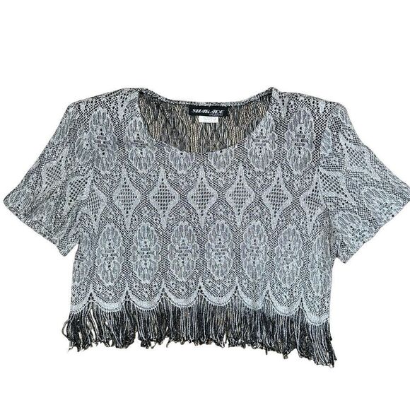 Shair Aide of CA Vintage Metallic Gold Black Lace Crop Top Fringe Hem Size 12 - Picture 1 of 15
